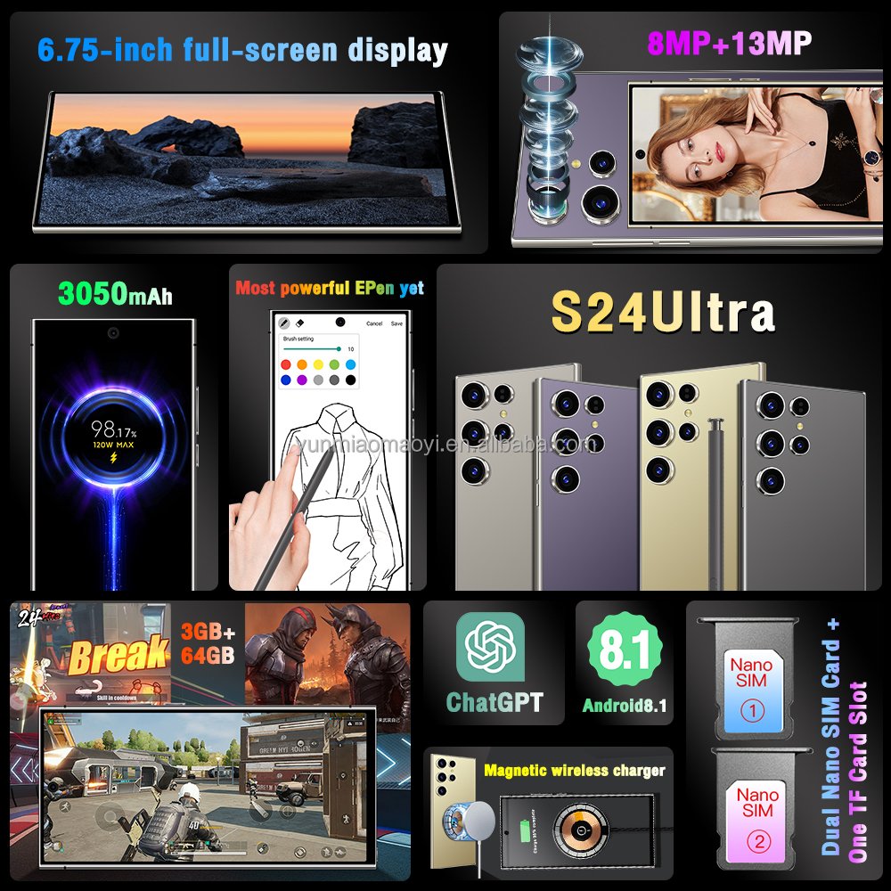 Original New Arrival S24 Ultra Unlocked AI Cell Phone with stylus ChatGPT 3+64GB Dual sim Android8.1 Smart Mobile Phone